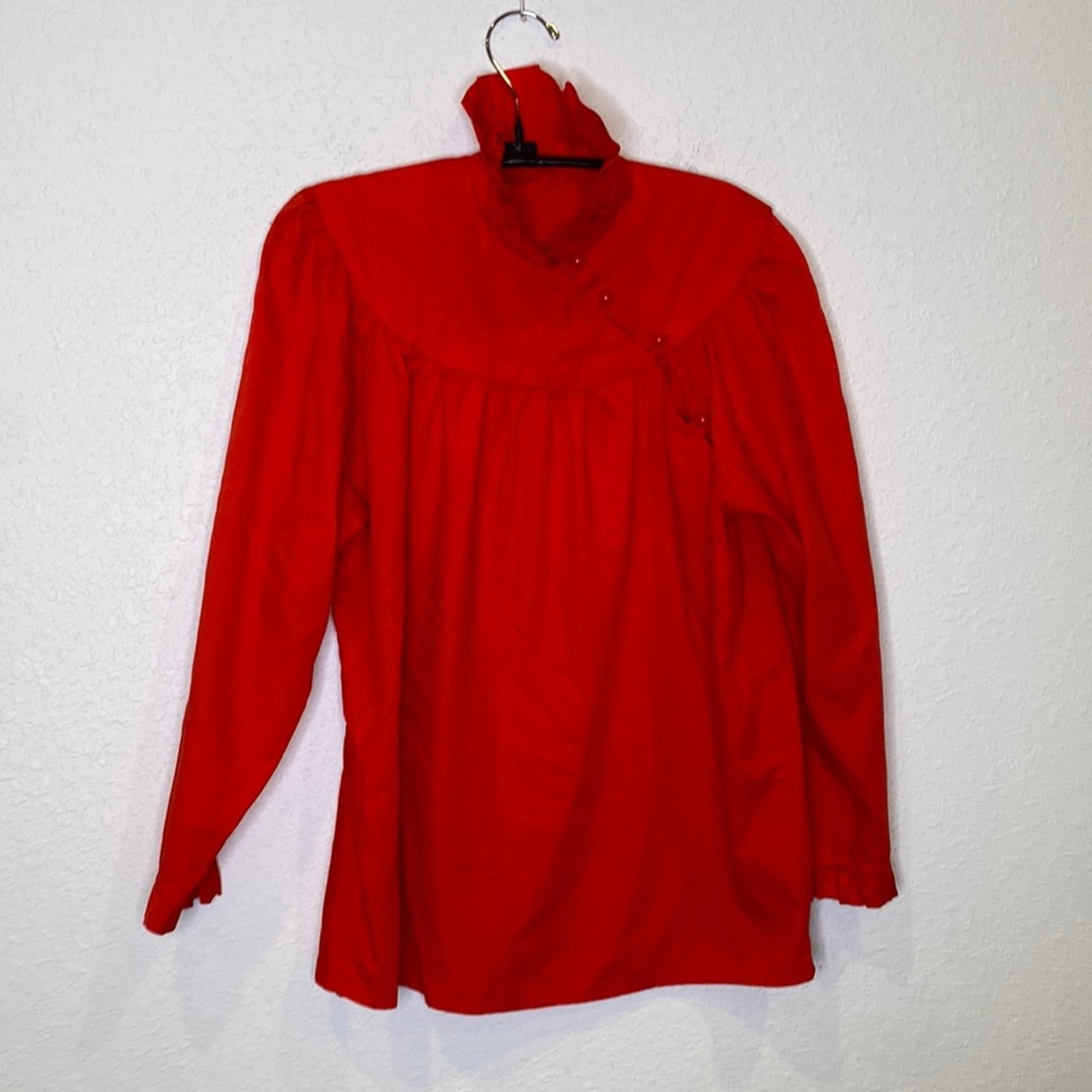 Women’s Red High Collar Asymmetrical Button Front Vintage Cottagecore Top Sz Lg